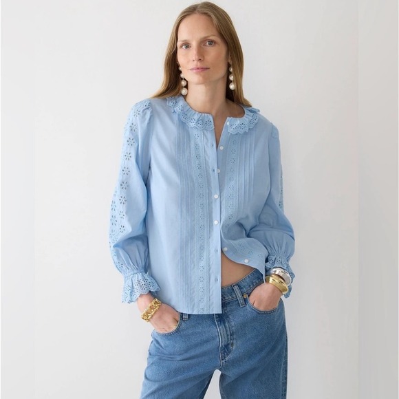J Crew Eyelet Trim Button Up Blouse Sz Small - Picture 2 of 8